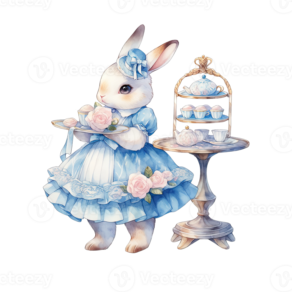 AI generated Rabbit wear an elegant blue dress at a spring afternoon tea party png