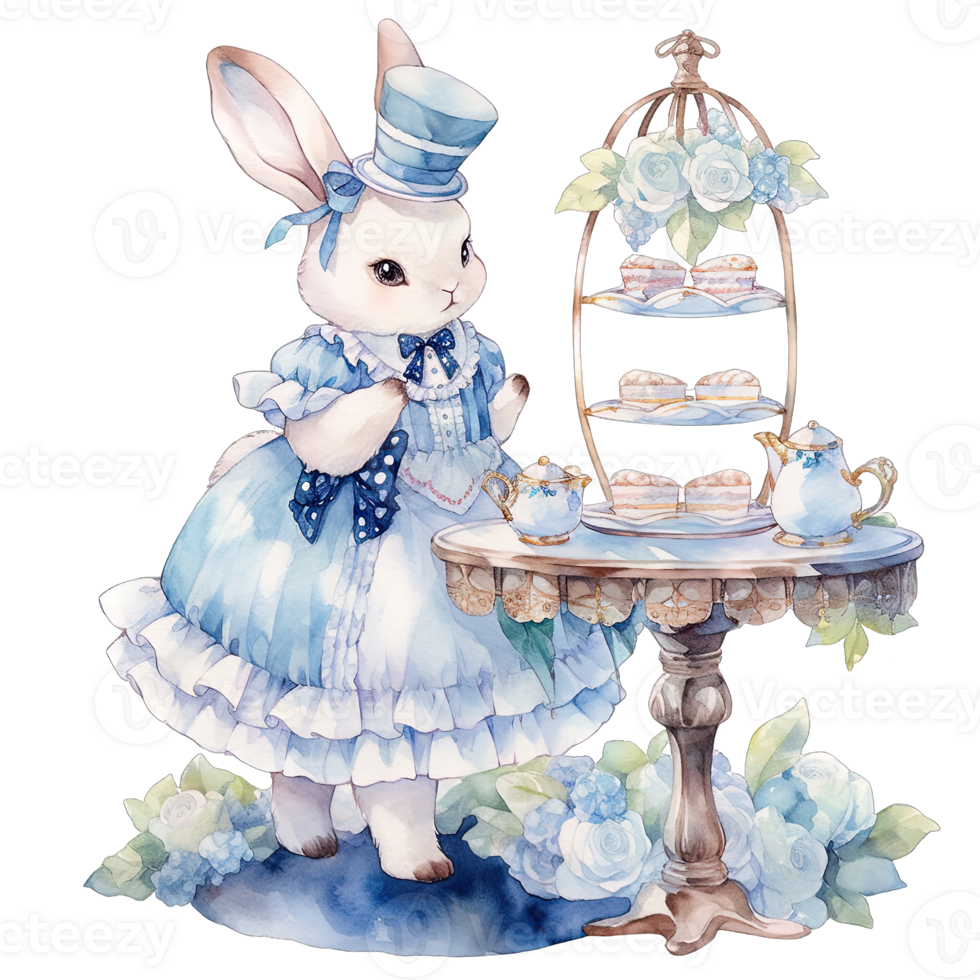 AI generated Rabbit wear an elegant blue dress at a spring afternoon tea party png