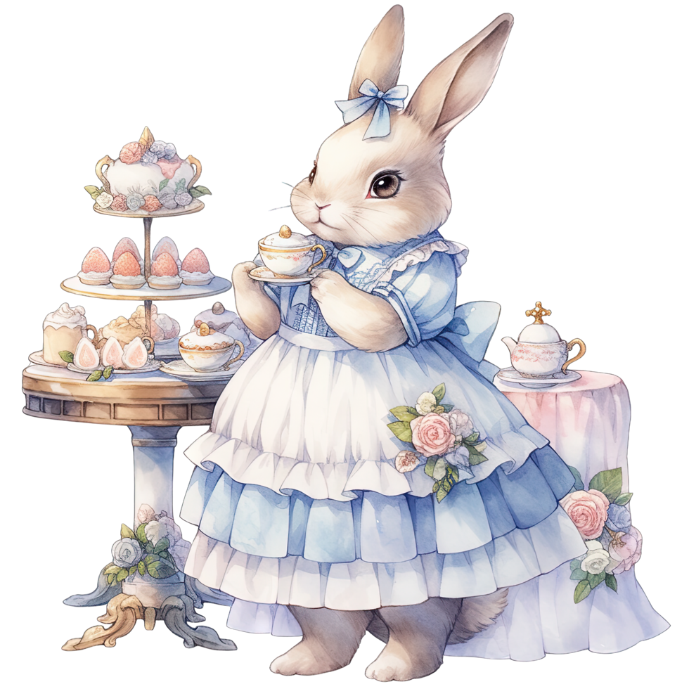 AI generated Rabbit wear an elegant blue dress at a spring afternoon tea party png