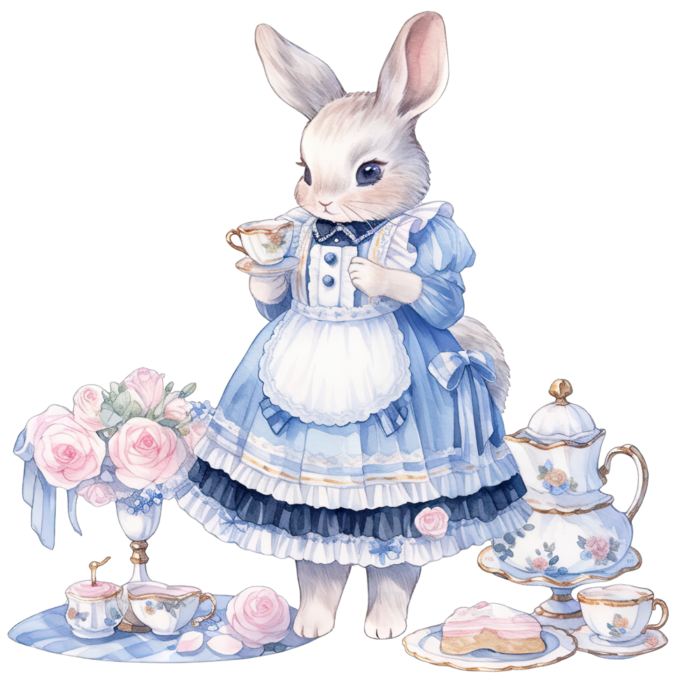 AI generated Rabbit wear an elegant blue dress at a spring afternoon tea party png
