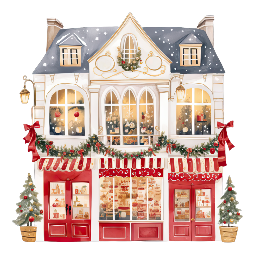 AI generated European Christmas storefront with bows and wreaths decorated for winter holidays png
