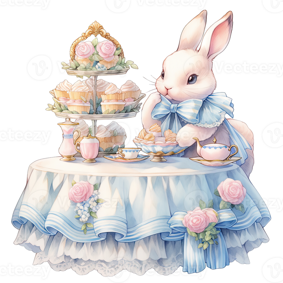 AI generated Rabbit wear an elegant blue dress at a spring afternoon tea party png