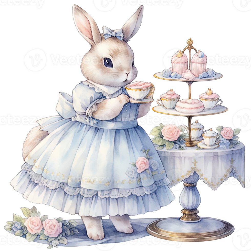 AI generated Rabbit wear an elegant blue dress at a spring afternoon tea party png