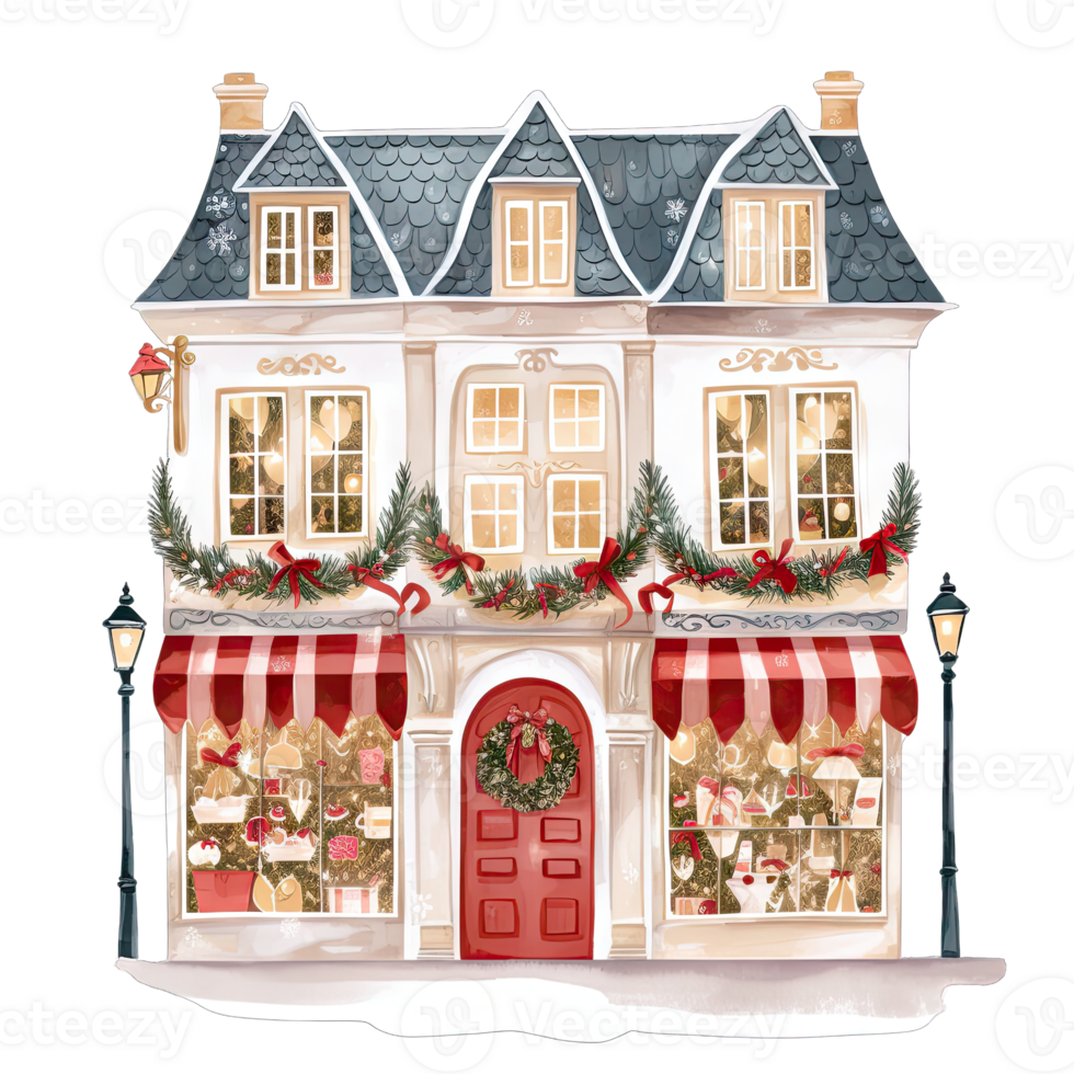 AI generated European Christmas storefront with bows and wreaths decorated for winter holidays png