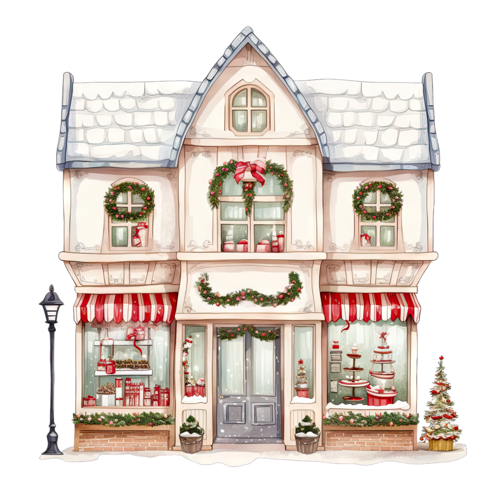 AI generated European Christmas storefront with bows and wreaths decorated for winter holidays png