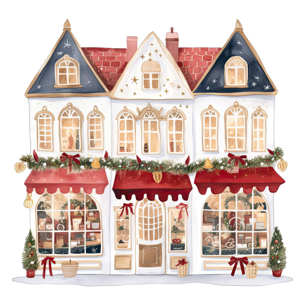 AI generated European Christmas storefront with bows and wreaths decorated for winter holidays png