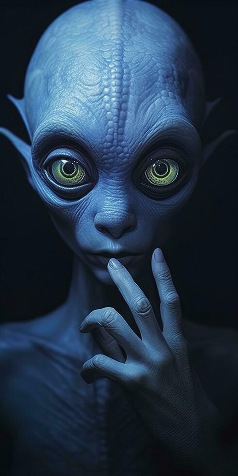 AI generated An extraordinary portrait of unknown adorable alien species over an alien finger, a style of high alien fashion. AI Generative photo
