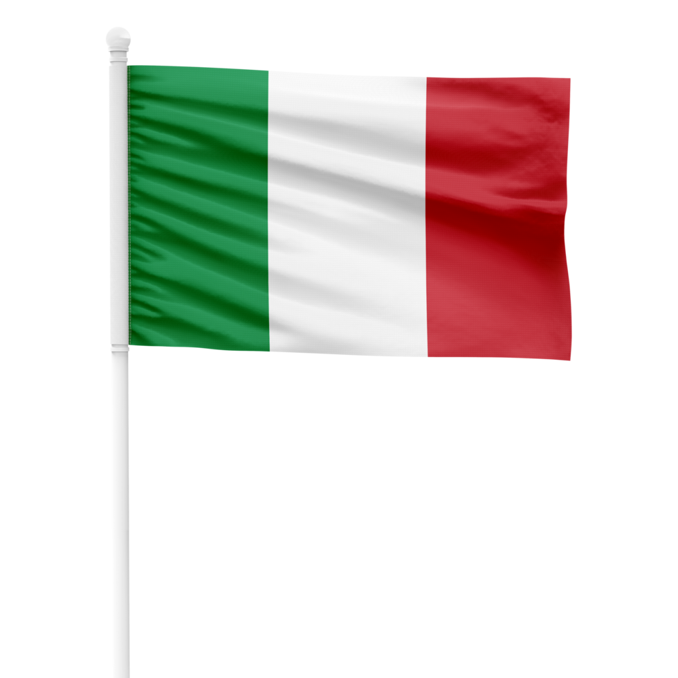 Realistic Rendering of the Italy Flag Waving on a White Metal Pole with Transparent Background png