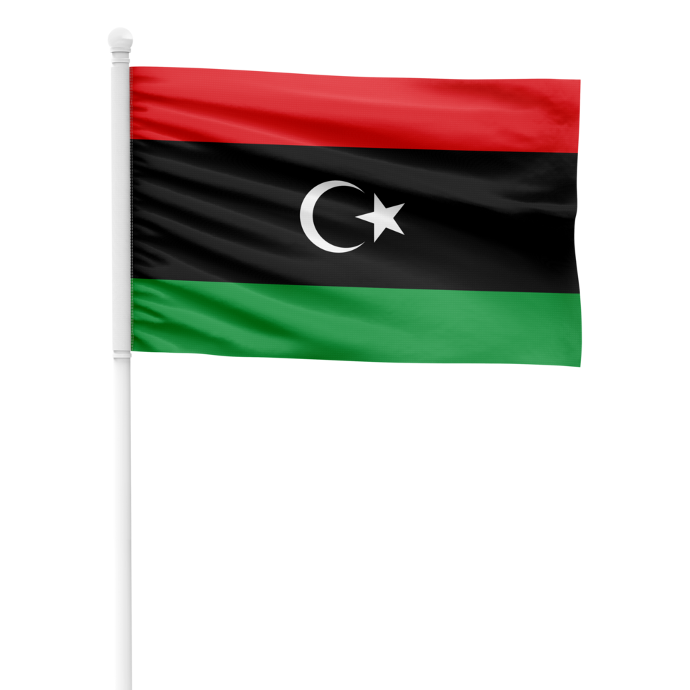 realistisk libyen flagga vinka på en vit metall Pol med transparent bakgrund png