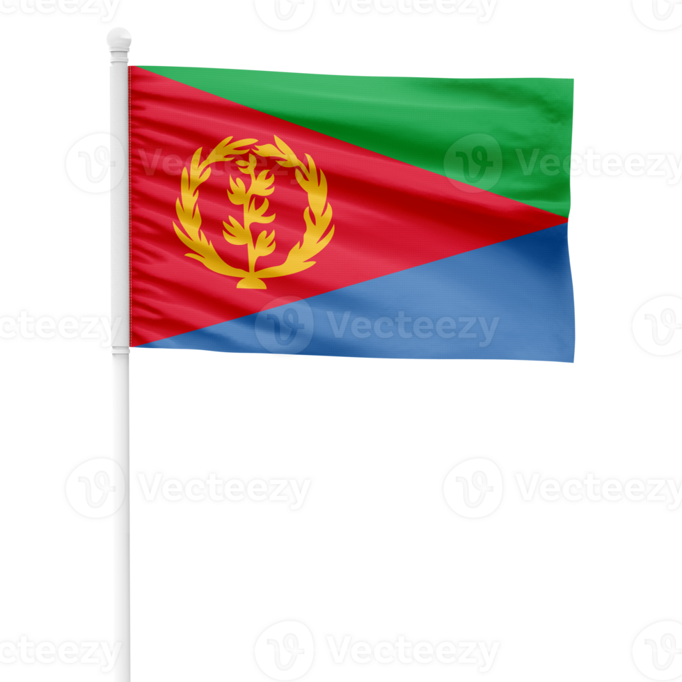 Eritrea flag isolated on cutout background. Waving the Eritrea flag on a white metal pole. png
