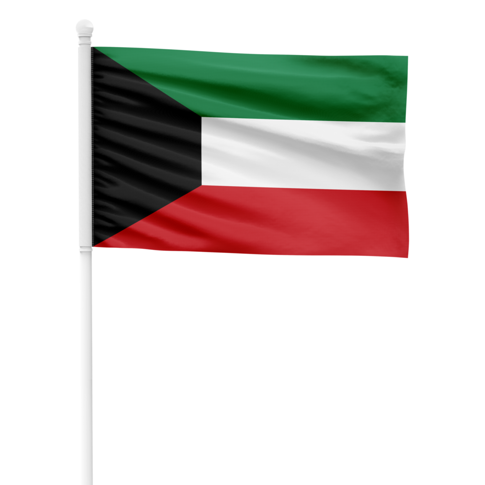Realistic Kuwait Flag Waving on a White Metal Pole with Transparent Background png