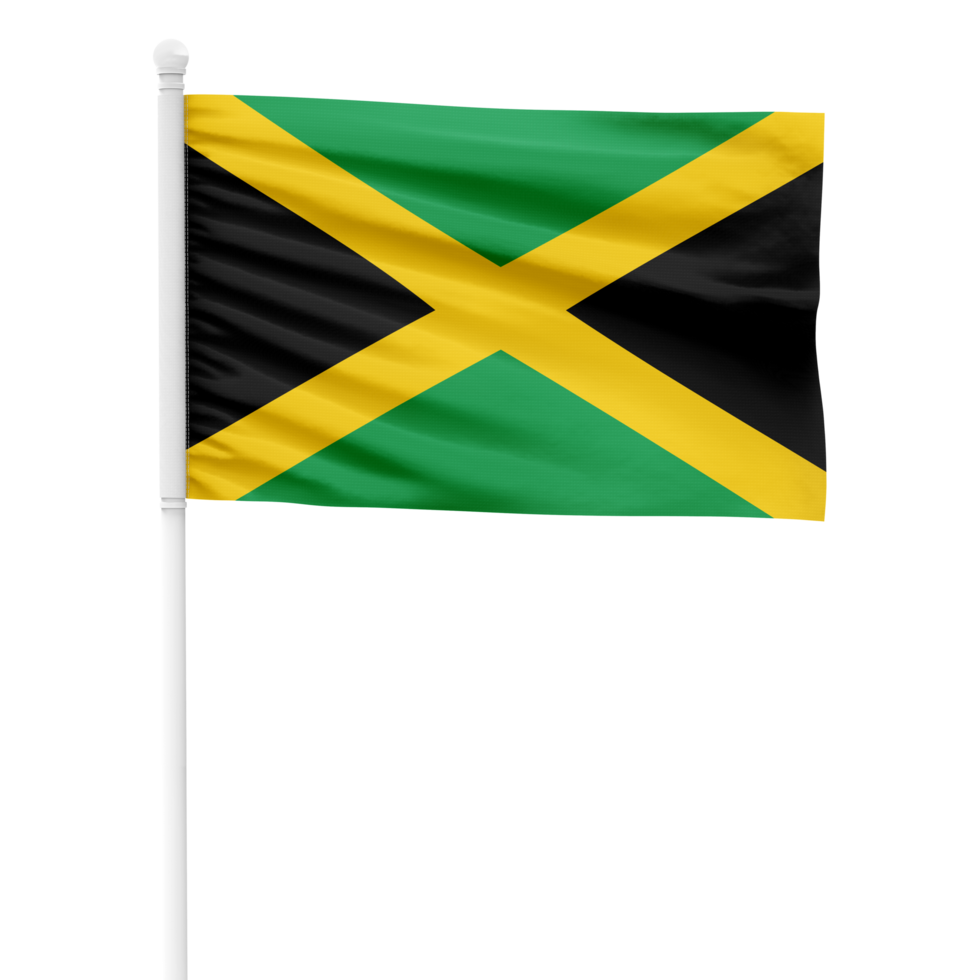 Realistic Rendering of the Jamaica Flag Waving on a White Metal Pole with Transparent Background png