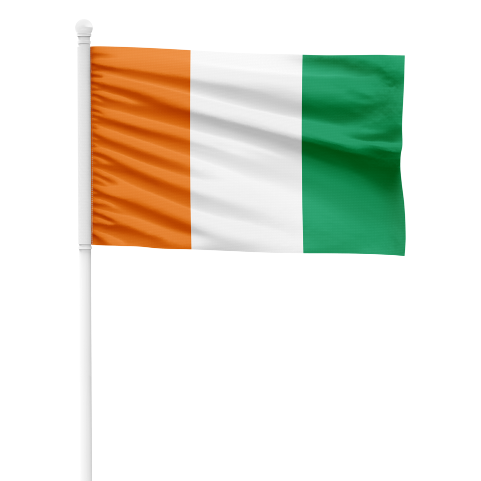 Realistic Rendering of the Ivory Coast Flag Waving on a White Metal Pole with Transparent Background png