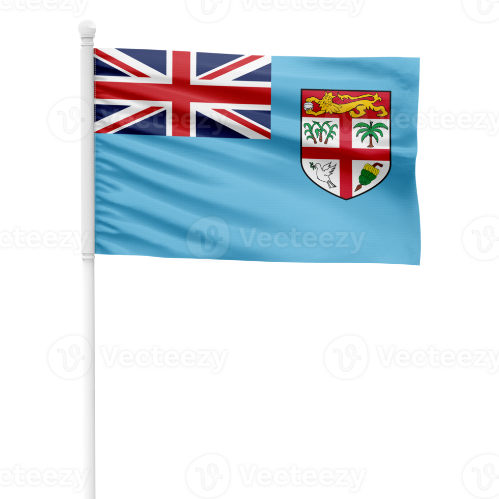 Fiji flag isolated on cutout background. Waving the Fiji flag on a white metal pole. png