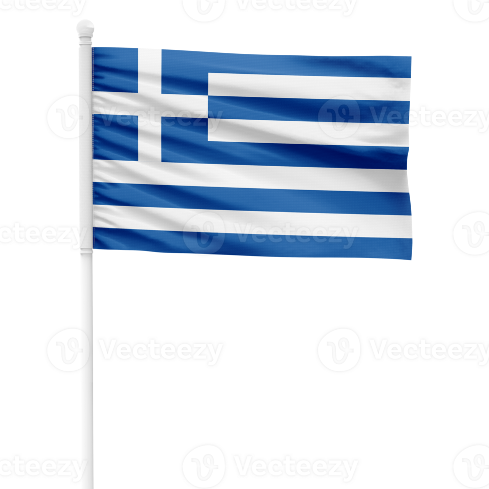 Realistic Rendering of the Greece Flag Waving on a White Metal Pole with Transparent Background png