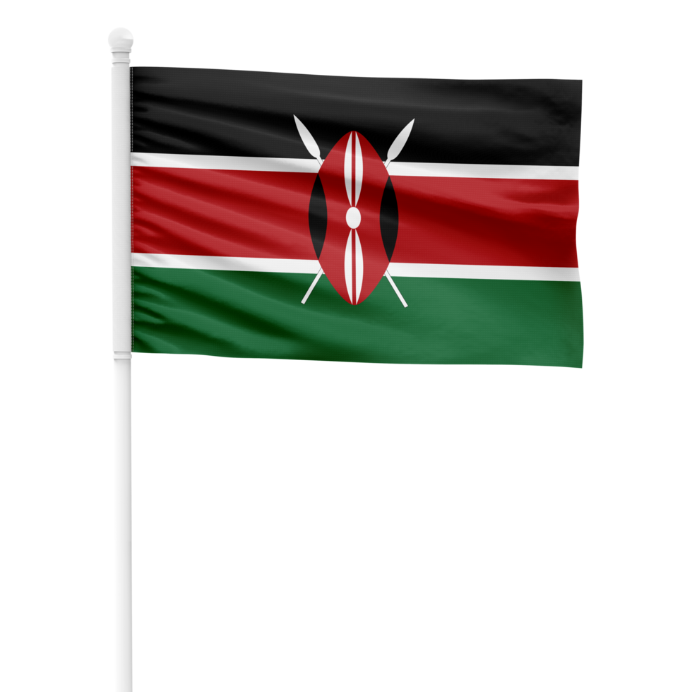 Realistic Rendering of the Kenya Flag Waving on a White Metal Pole with Transparent Background png