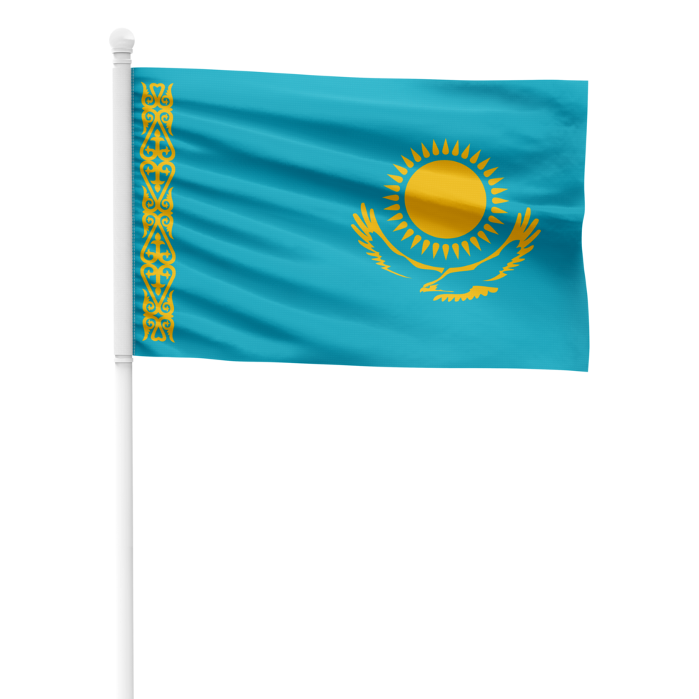 Realistic Kazakhstan Flag Waving on a White Metal Pole with Transparent Background png