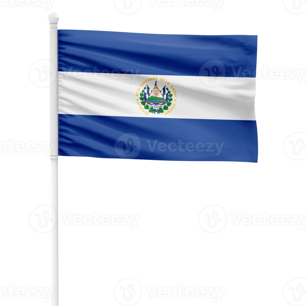 El Salvador flag isolated on cutout background. Waving the El Salvador flag on a white metal pole. png