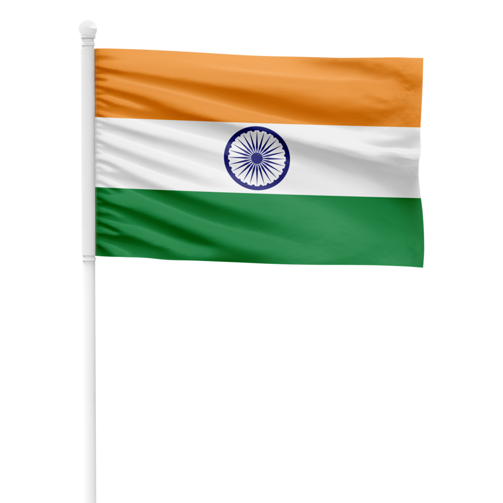 Realistic Rendering of the India Flag Waving on a White Metal Pole with Transparent Background png