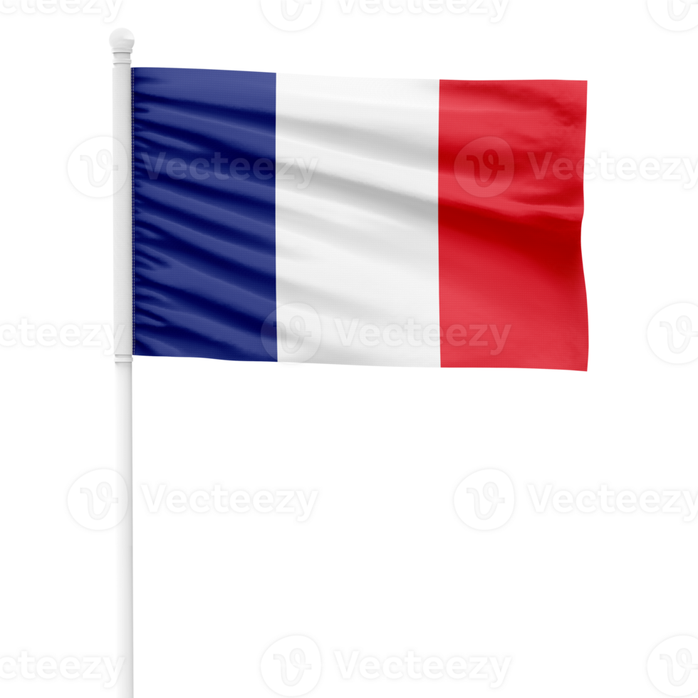 France flag isolated on cutout background. Waving the France flag on a white metal pole. png