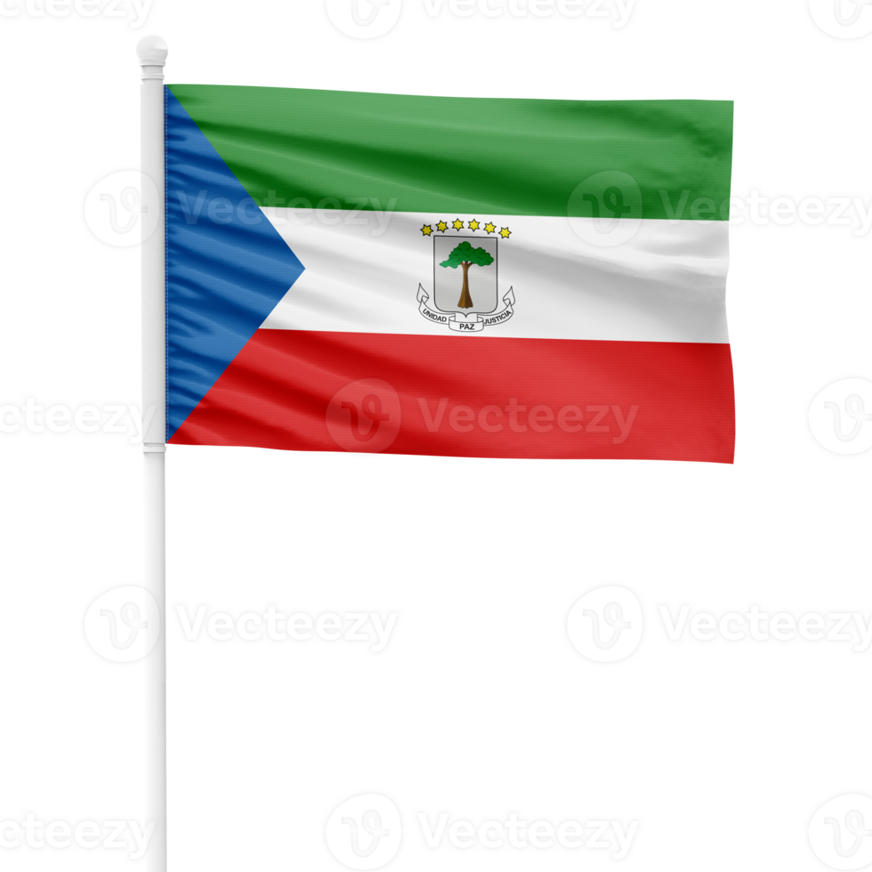 Equatorial Guinea flag isolated on cutout background. Waving the Equatorial Guinea flag on a white metal pole. png