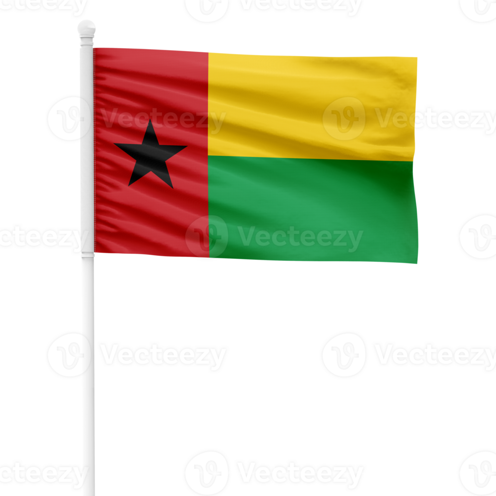 Realistic Rendering of the Guinea Bissau Flag Waving on a White Metal Pole with Transparent Background png