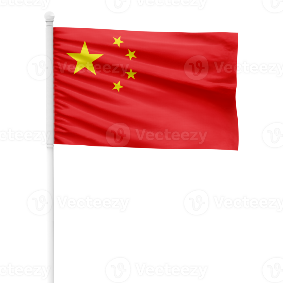 Realistic Rendering of the China Flag Waving on a White Metal Pole with Transparent Background png