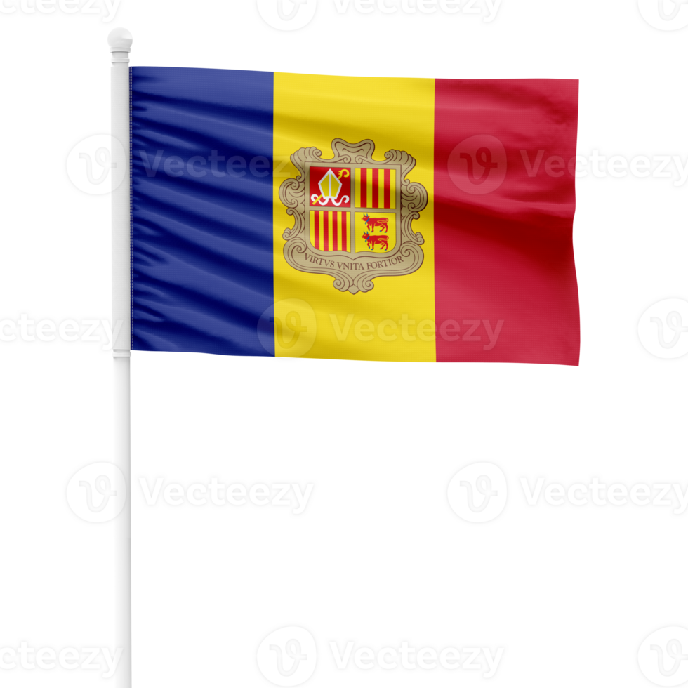 Realistic Rendering of the Andorra Flag Waving on a White Metal Pole with Transparent Background png