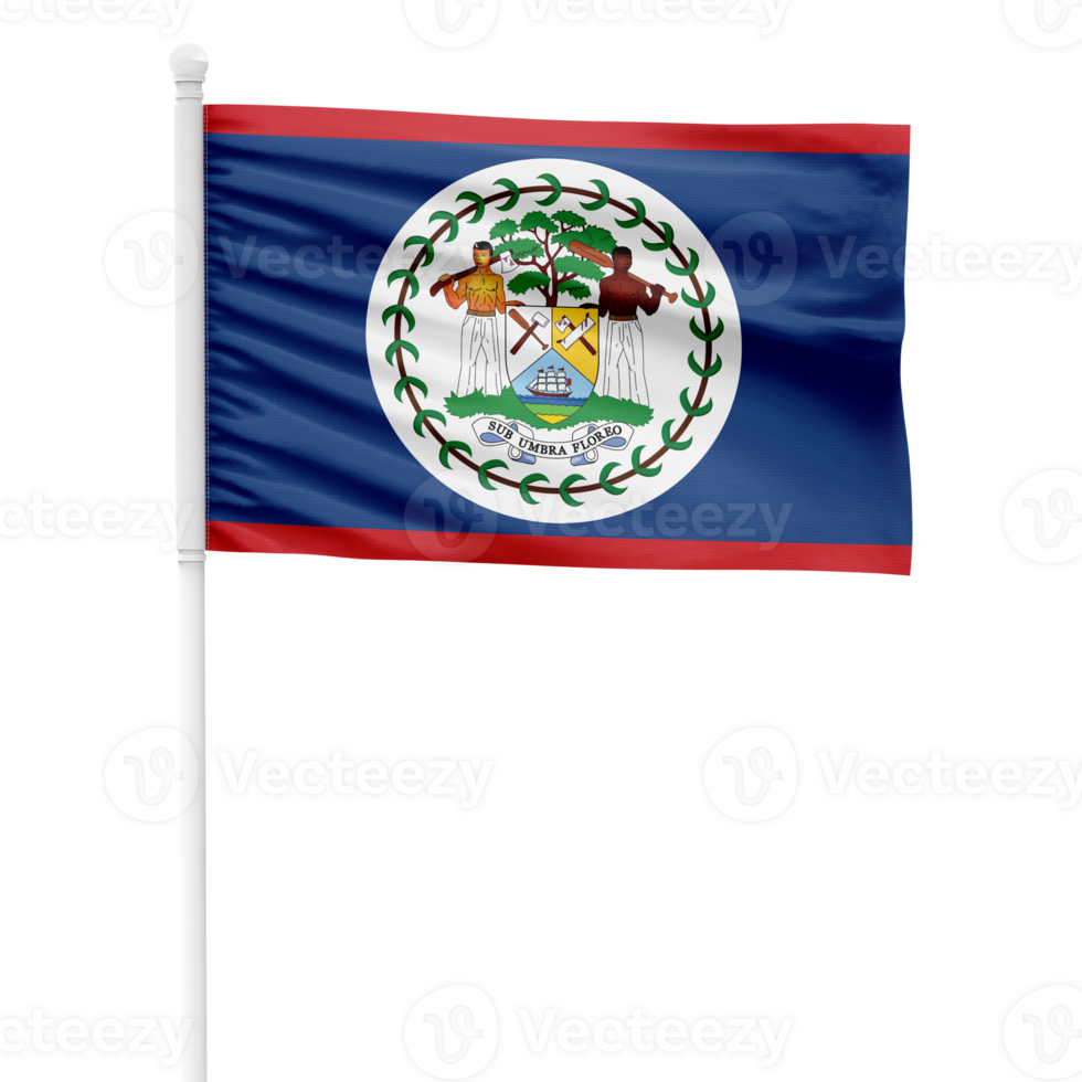 Realistic Rendering of the Belize Flag Waving on a White Metal Pole with Transparent Background png