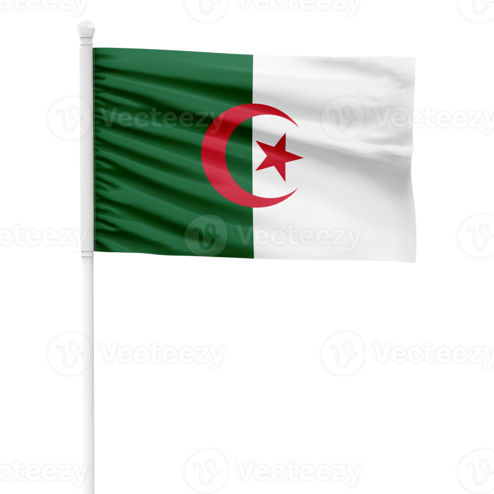 Realistic Rendering of the Algeria Flag Waving on a White Metal Pole with Transparent Background png