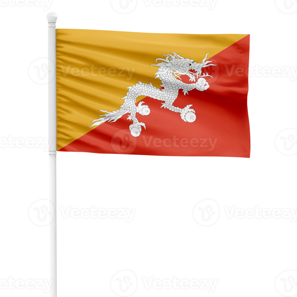 Realistic Rendering of the Bhutan Flag Waving on a White Metal Pole with Transparent Background png