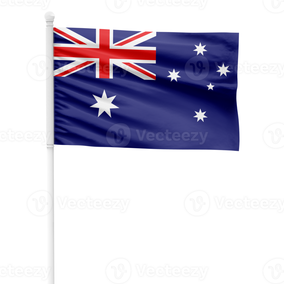 Realistic Rendering of the Australia Flag Waving on a White Metal Pole with Transparent Background png