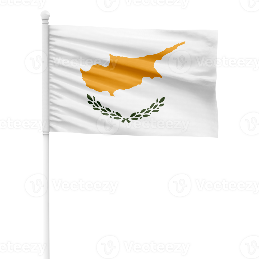 Realistic Rendering of the Cyprus Flag Waving on a White Metal Pole with Transparent Background png