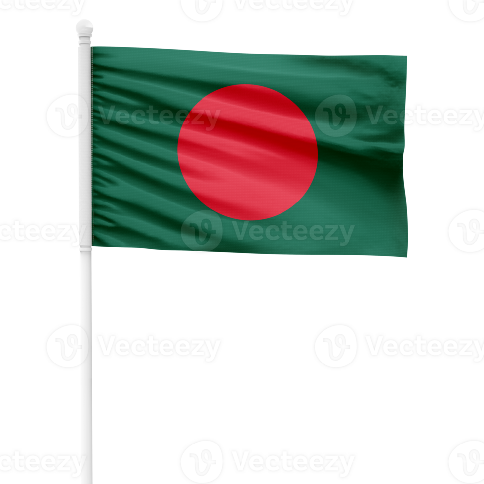 Realistic Rendering of the Bangladesh Flag Waving on a White Metal Pole with Transparent Background png