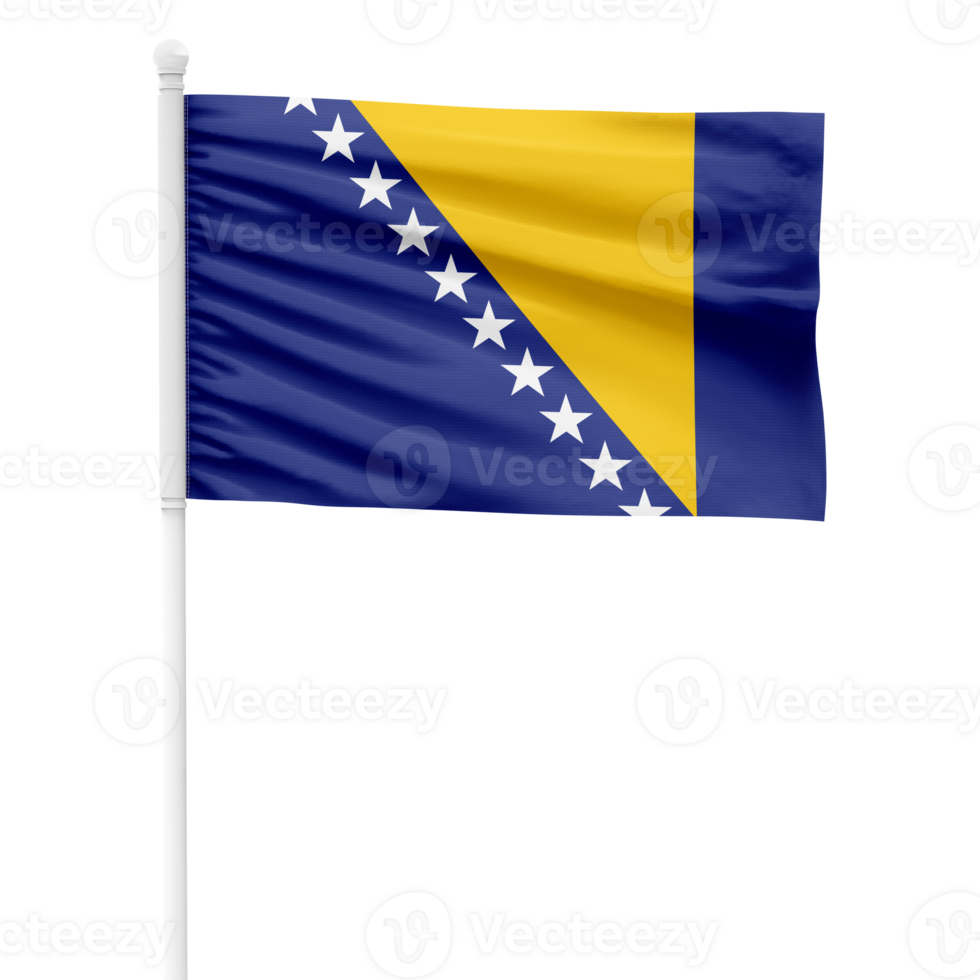 Realistic Rendering of the Bosnia and Herzegovina Flag Waving on a White Metal Pole with Transparent Background png