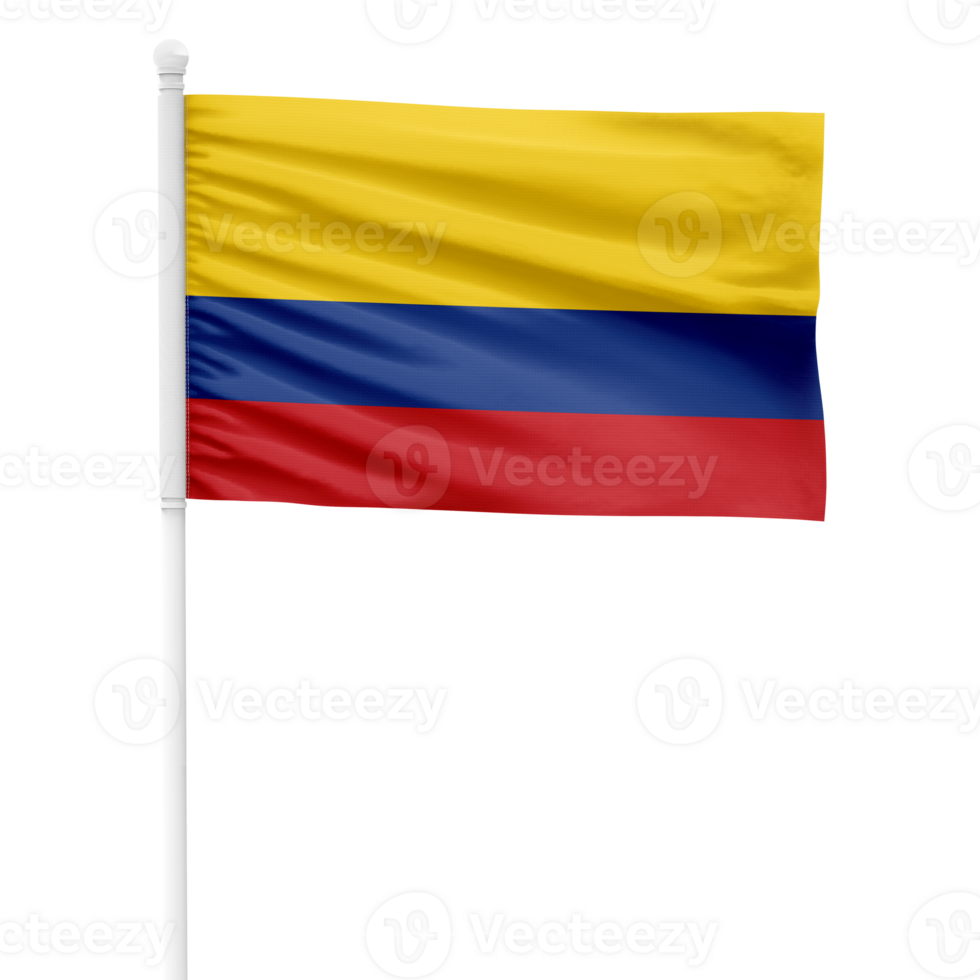 Realistic Rendering of the Colombia Flag Waving on a White Metal Pole with Transparent Background png