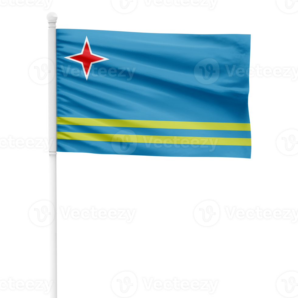 Realistic Rendering of the Aruba Flag Waving on a White Metal Pole with Transparent Background png
