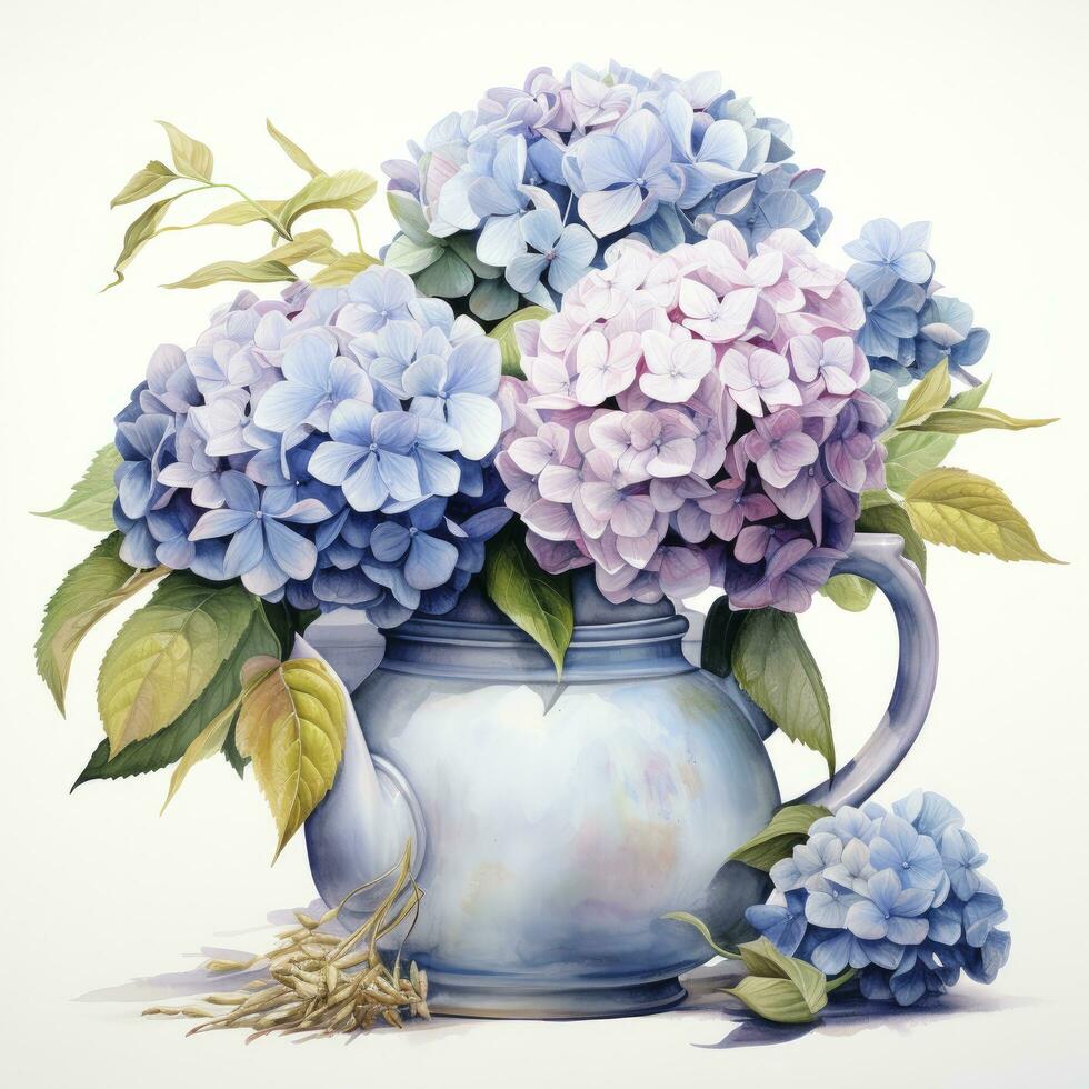 AI generated Watercolor hydrangeas in teapot isolated on white background. AI Generated photo