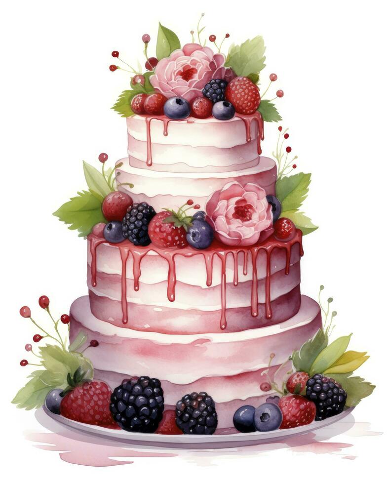 AI generated Watercolor wedding cake isolated on white background.  AI Generated photo