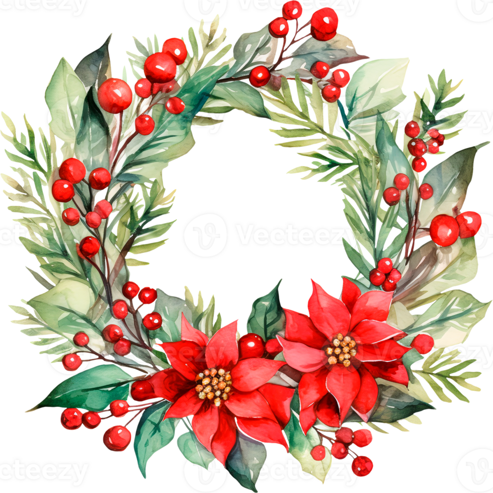 ai gegenereerd Kerstmis waterverf illustratie van een Kerstmis krans gemaakt van Spar takken met bessen en bloemen png