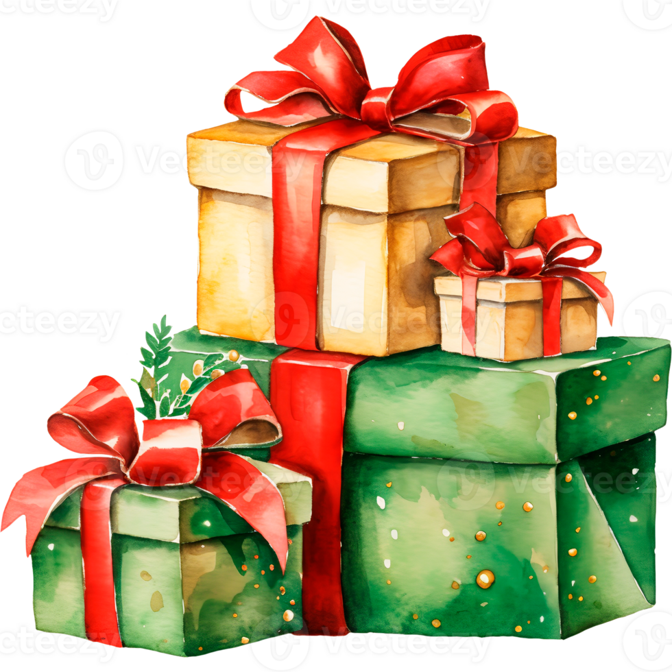 AI generated Christmas watercolor illustration of a mountain of gifts in bright boxes png