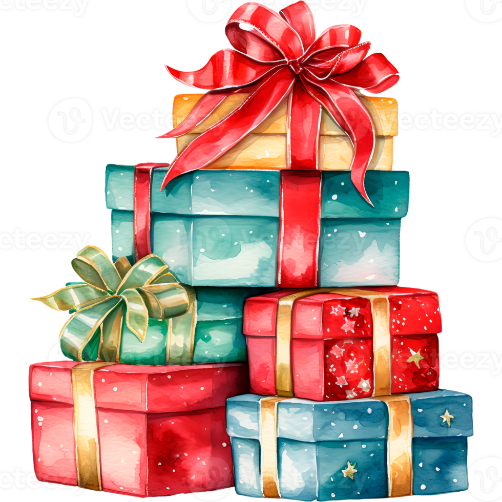 AI generated Christmas watercolor illustration of a mountain of gifts in bright boxes png