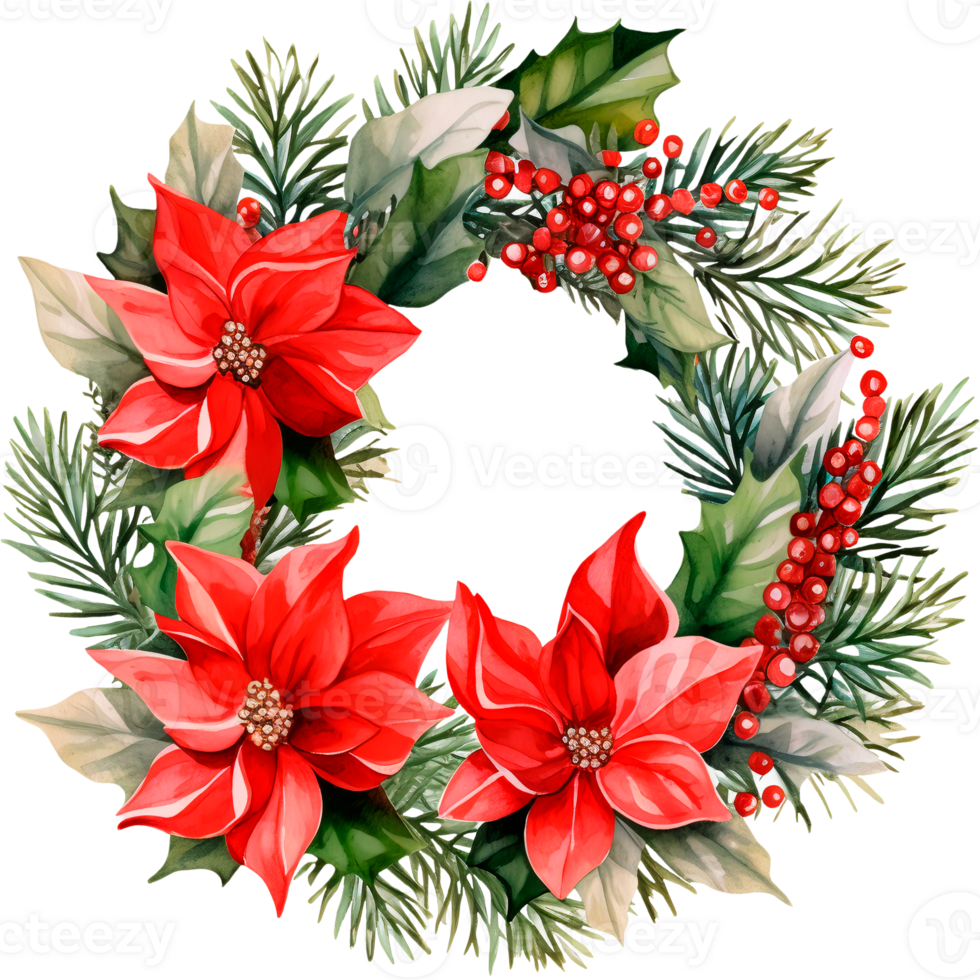 AI generated Christmas watercolor illustration of a Christmas wreath made of fir branches with berries and flowers png