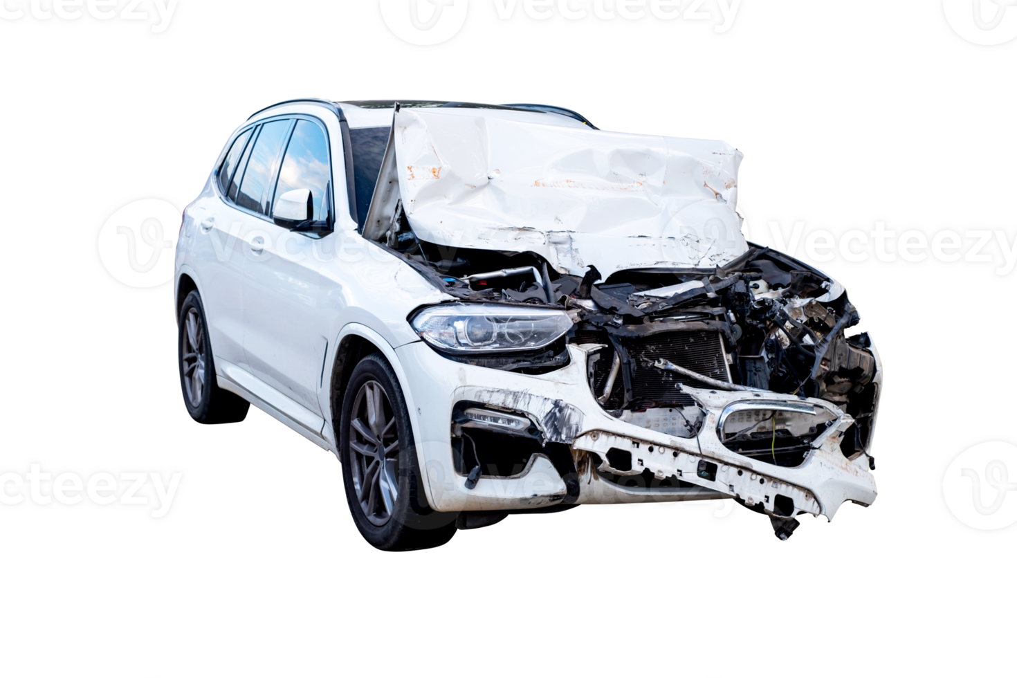 Full body front and side view of white car get damaged by accident on the road. damaged cars after collision. Isolated on transparent background, car crash broken, PNG File