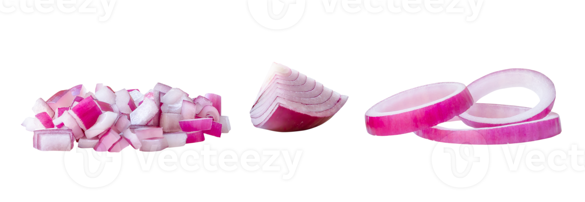 Fresh red or purple onion slices and quarter in stack isolated with clipping path in png file format