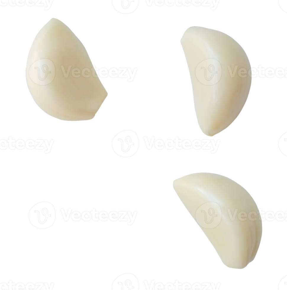 top view set of peeled garlic cloves isolated with clipping path in png file format