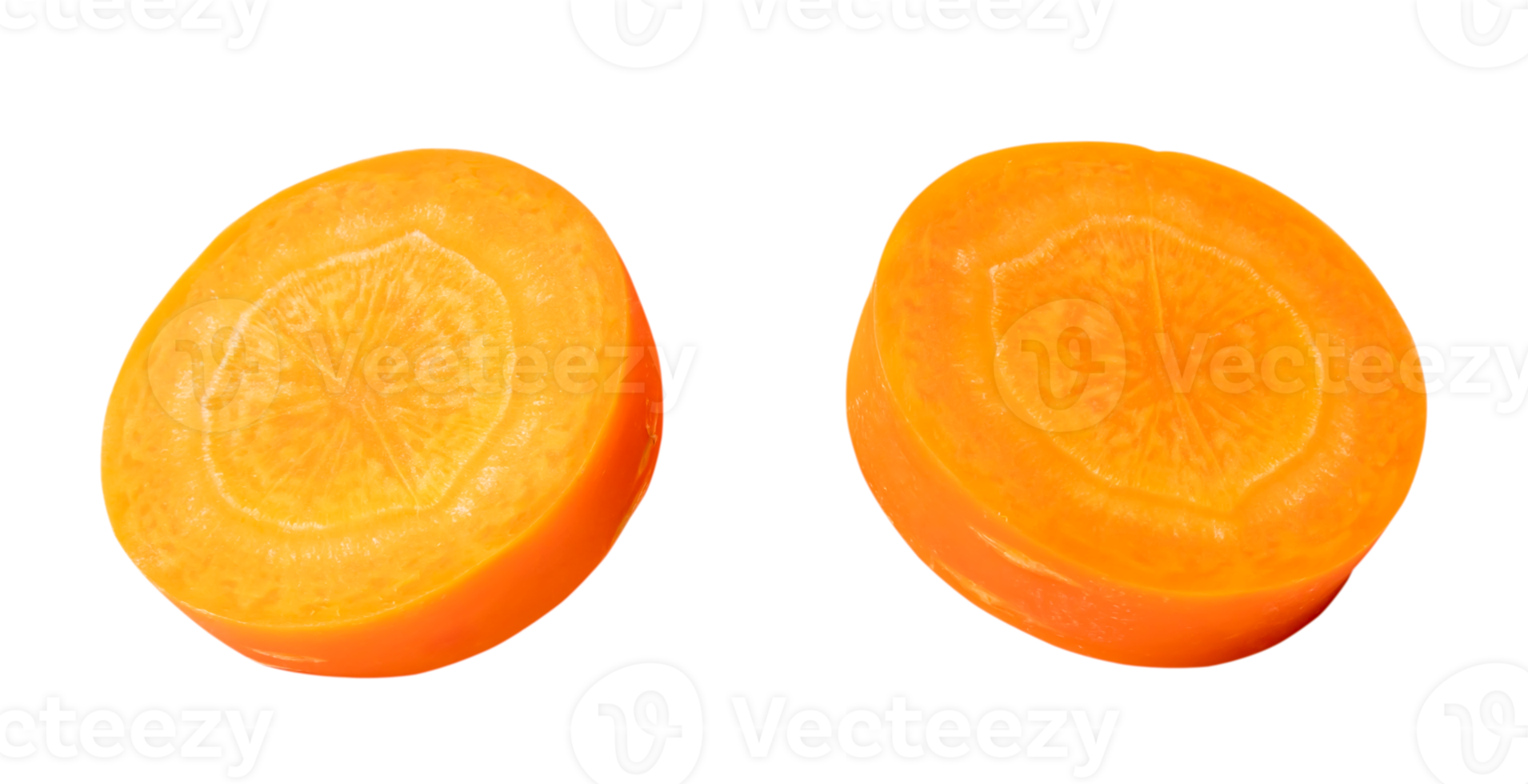 Top view set of fresh beautiful orange carrot slices isolated with clipping path in png file format