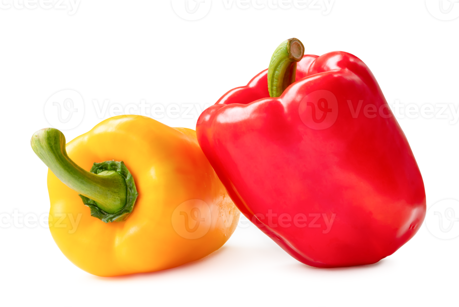 Yellow and red whole bell or sweet peppers isolated with clipping path and shadow in png file format