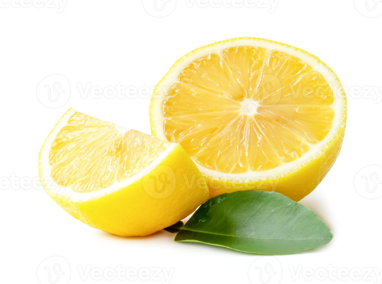 Fresh yellow lemon half with quarter and leaves isolated with clipping path and shadow in png file format