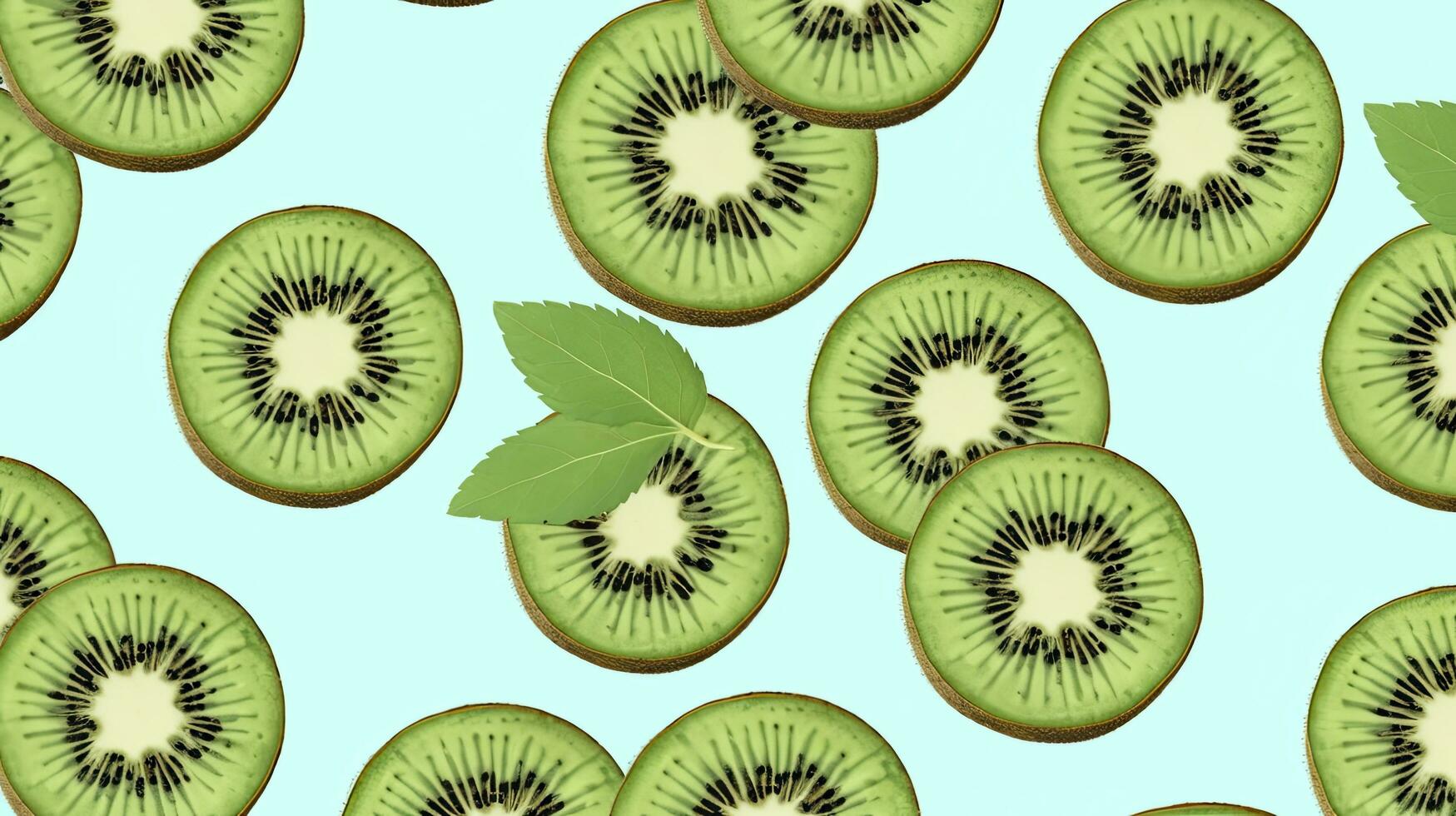 AI generated Slices of kiwi fruit and green mint leaves on a light pastel blue background. AI Generated photo